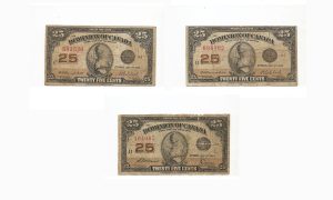 Canada Shinplaster Set - 3 Banknotes $0.25 - 25 Cents 1923